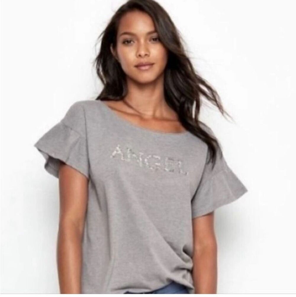 Light gray Victoria’s Secret sequin angel Dolman frill sleeve T-shirt size large